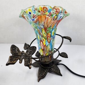 Murano Millefiori Style Art Glass Tulip Lamp With Butterfly 7.5" Tall